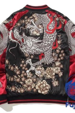 Jkt115a Fujisea Flying Dragon Embroidery Sukajan Jacket For Unisex [Black Background And Red Sleeve]